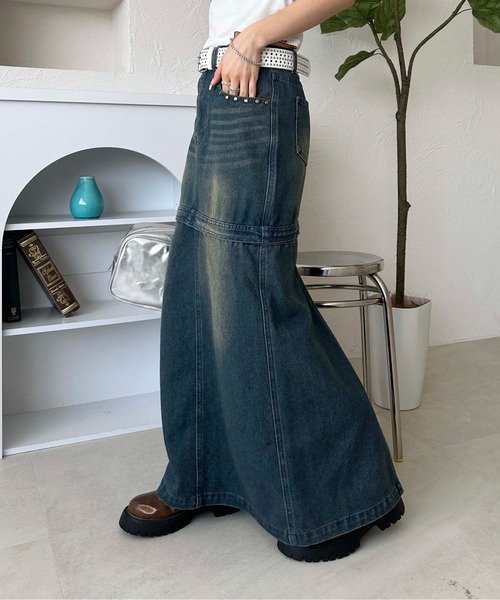 双子可♡美品♡denim dungaree ダメージデニムスカート セール】2wayデニムスタッズスカート（スカート）｜sedacle girl