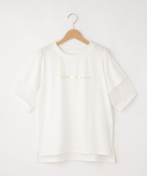 &Bridge(アンドブリッジ)の「innowave(イノウェーブ) ロゴ入りチュール袖カットソー(Tシャツ/カットソー・レディース・ブラック/ホワイト系/グリーン系・02)」の1枚目の写真