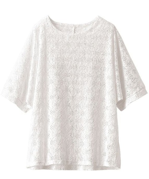 BELLUNA PLUS（ベルーナ）の「総レース素材ドルマンプルオーバー（Tシャツ/カットソー・レディース・イエロー/ネイビー/ライトブルーグレー/ブラック/ライトベージュ/オフホワイト/ターコイズブルー・MEDIUM/LARGE/X-LARGE）」の2枚目の写真