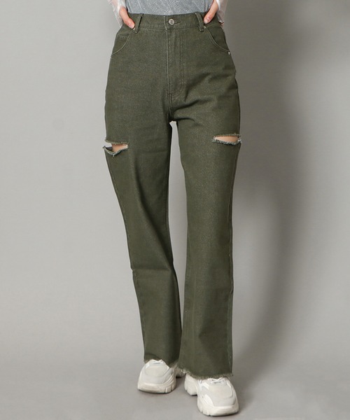 GORGE(ゴージ)の「《サイドカット×カラーデニム》レディース ダメージ デニムパンツ ストレート ストリート 春夏秋冬(デニムパンツ・レディース・ベージュ/グリーン・S/M/L)」の2枚目の写真