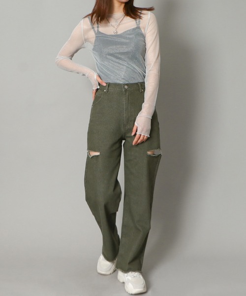 GORGE(ゴージ)の「《サイドカット×カラーデニム》レディース ダメージ デニムパンツ ストレート ストリート 春夏秋冬(デニムパンツ・レディース・ベージュ/グリーン・S/M/L)」の8枚目の写真