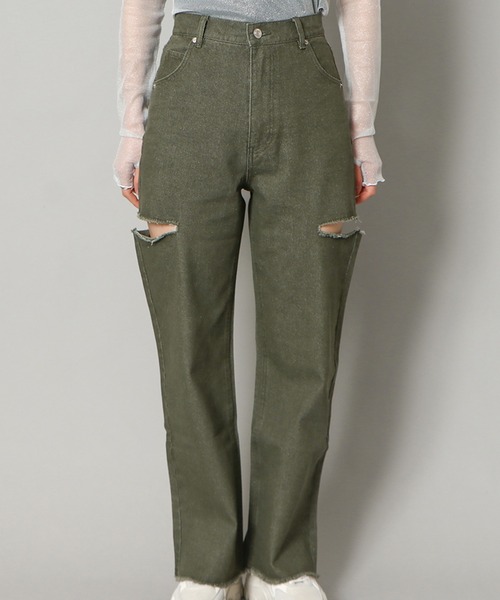 GORGE(ゴージ)の「《サイドカット×カラーデニム》レディース ダメージ デニムパンツ ストレート ストリート 春夏秋冬(デニムパンツ・レディース・ベージュ/グリーン・S/M/L)」の9枚目の写真