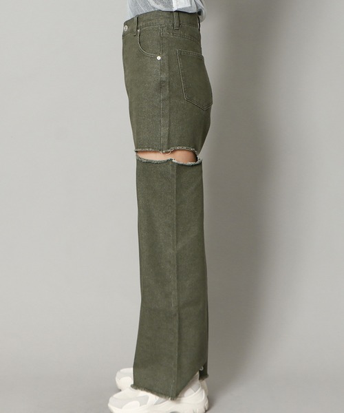 GORGE(ゴージ)の「《サイドカット×カラーデニム》レディース ダメージ デニムパンツ ストレート ストリート 春夏秋冬(デニムパンツ・レディース・ベージュ/グリーン・S/M/L)」の10枚目の写真