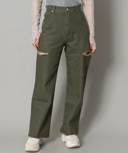 GORGE(ゴージ)の「《サイドカット×カラーデニム》レディース ダメージ デニムパンツ ストレート ストリート 春夏秋冬(デニムパンツ・レディース・ベージュ/グリーン・S/M/L)」の6枚目の写真