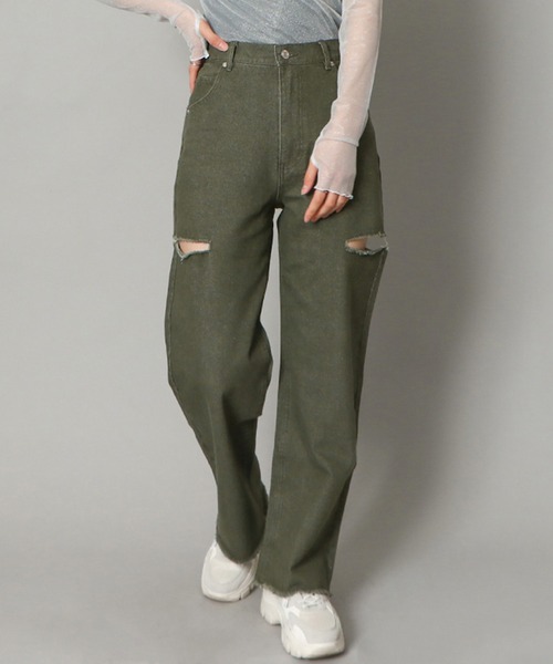 GORGE(ゴージ)の「《サイドカット×カラーデニム》レディース ダメージ デニムパンツ ストレート ストリート 春夏秋冬(デニムパンツ・レディース・ベージュ/グリーン・S/M/L)」の14枚目の写真