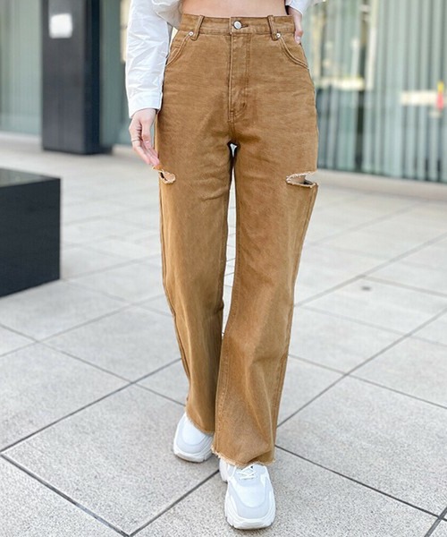 GORGE(ゴージ)の「《サイドカット×カラーデニム》レディース ダメージ デニムパンツ ストレート ストリート 春夏秋冬(デニムパンツ・レディース・ベージュ/グリーン・S/M/L)」の15枚目の写真
