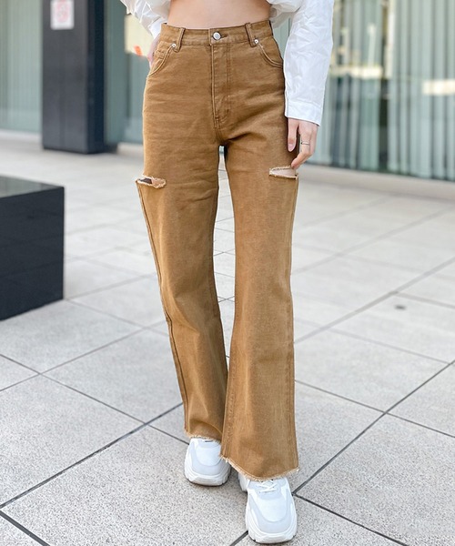GORGE(ゴージ)の「《サイドカット×カラーデニム》レディース ダメージ デニムパンツ ストレート ストリート 春夏秋冬(デニムパンツ・レディース・ベージュ/グリーン・S/M/L)」の16枚目の写真