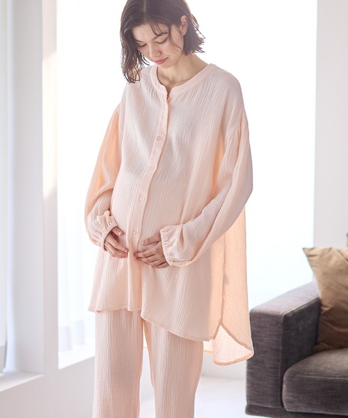 Rosemadame(ローズマダム)の「コットン100% ダブルガーゼ ボリューム長袖パジャマ/ルームウェア/上下セット(マタニティ/ 妊婦服)授乳楽々 妊婦服 産前・産後対応(マタニティウェア/グッズ・レディース・グレー/ネイビー/ベージュ/サックスブルー/アイボリー/ピンク/オレンジ/モカ・M/L/LL)」の7枚目の写真