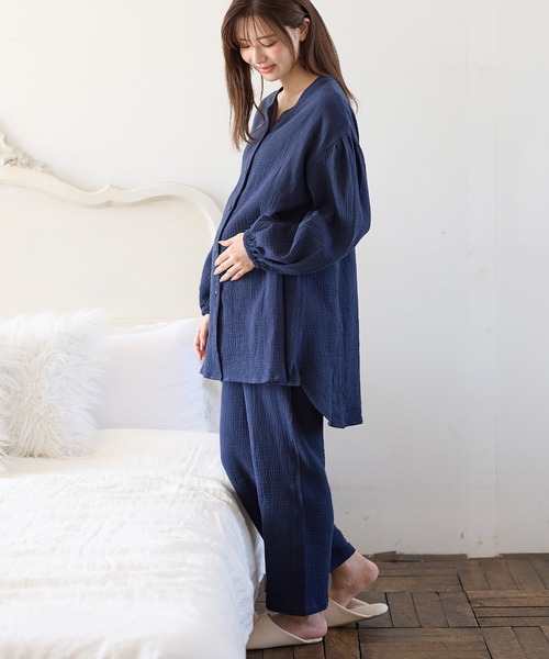 Rosemadame(ローズマダム)の「コットン100% ダブルガーゼ ボリューム長袖パジャマ/ルームウェア/上下セット(マタニティ/ 妊婦服)授乳楽々 妊婦服 産前・産後対応(マタニティウェア/グッズ・レディース・グレー/ネイビー/ベージュ/サックスブルー/アイボリー/ピンク/オレンジ/モカ・M/L/LL)」の12枚目の写真