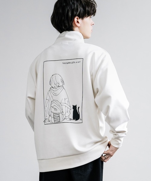 【セール】オーバーサイズフェイクスウェードGIRL＆CATハーフZIPトレーナー（スウェット）｜Rocky Monroe（ロッキーモンロー）