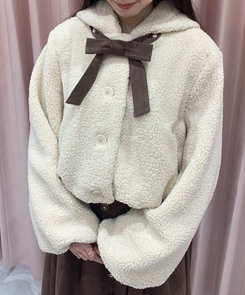 F i.n.t(フィント)の「リボン付きボアショートコート/fint(その他アウター・レディース・アイボリー/ピンクベージュ・FREE)」の15枚目の写真