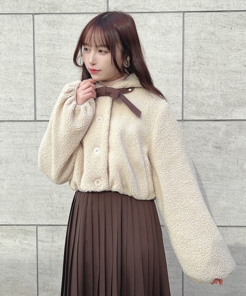 F i.n.t(フィント)の「リボン付きボアショートコート/fint(その他アウター・レディース・アイボリー/ピンクベージュ・FREE)」の13枚目の写真