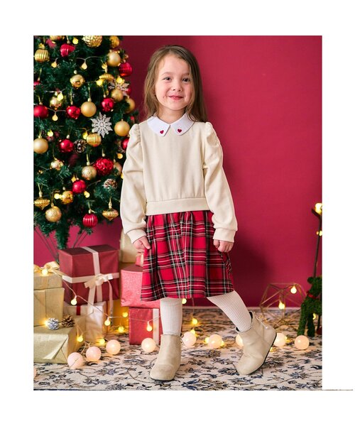 セール】【リンク】ハート刺繍チェックドッキングワンピース