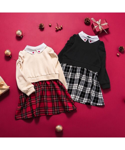 セール】【リンク】ハート刺繍チェックドッキングワンピース