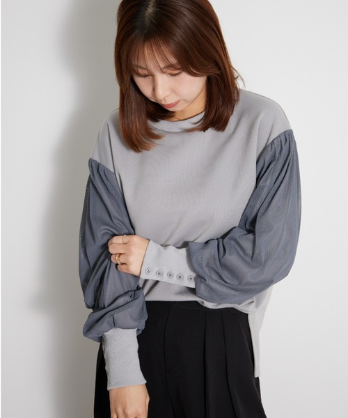 〈UNDOVE〉【UV対策/アンチピリング/ウォッシャブル/ゆったり/チュール/切替/スエット風】袖チュールデザインプルオーバー（Tシャツ/カットソー）｜UNDOVE（アンドゥーブ）