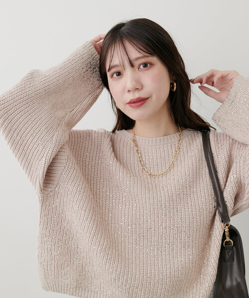 CLEL 箔プリント ケーブルクルーネックニット S ブラウン D．ブラウン