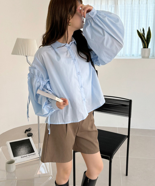 Eclat one(エクラワン)の「【Eclat one】スリーブ シャーリング フリル リボン デザイン シャツ(シャツ/ブラウス・レディース・ブラック/ホワイト/ブルー・FREE)」の13枚目の写真