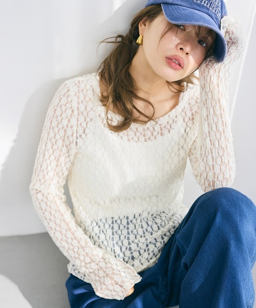 coca(coca)(コカ)の「ストレッチチュールレーストップス(Tシャツ/カットソー・レディース・アイボリー/ブラック/ネイビー・M/L/S)」の1枚目の写真