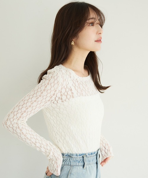 coca(coca)(コカ)の「ストレッチチュールレーストップス(Tシャツ/カットソー・レディース・アイボリー/ブラック/ネイビー・M/L/S)」の4枚目の写真