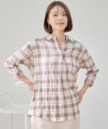 スキッパー チェック 7分袖 ブラウス