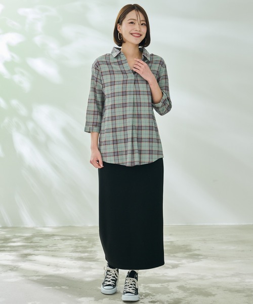 Arnold Palmer（アーノルドパーマー）の「スキッパー チェック 7分袖 ブラウス（シャツ/ブラウス・レディース・アイボリー/モスグリーン/ネイビー・S/M/L）」の19枚目の写真