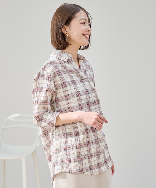 Arnold Palmer（アーノルドパーマー）の「スキッパー チェック 7分袖 ブラウス（シャツ/ブラウス・レディース・アイボリー/モスグリーン/ネイビー・S/M/L）」の5枚目の写真