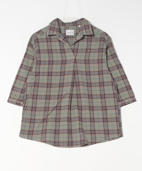 Arnold Palmer（アーノルドパーマー）の「スキッパー チェック 7分袖 ブラウス（シャツ/ブラウス・レディース・アイボリー/モスグリーン/ネイビー・S/M/L）」の6枚目の写真