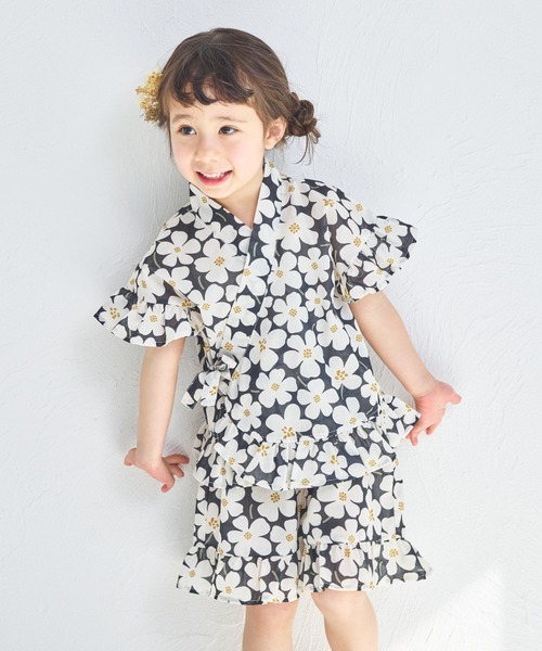 pairmanon（ペアマノン）の「【リンクコーデ】フリルガールズ甚平（浴衣・キッズ・パープル/イエロー/アイボリー/ピンク/ライトイエロー/ブラック系その他・100/90/110/150/140/120/130）」の3枚目の写真