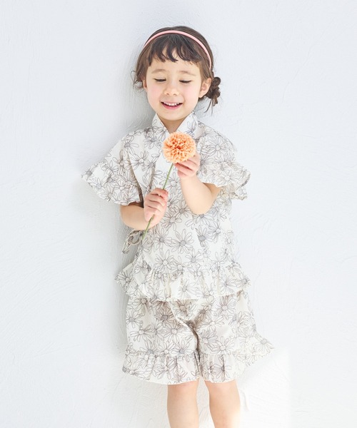 pairmanon（ペアマノン）の「【リンクコーデ】フリルガールズ甚平（浴衣・キッズ・パープル/イエロー/アイボリー/ピンク/ライトイエロー/ブラック系その他・100/90/110/150/140/120/130）」の9枚目の写真