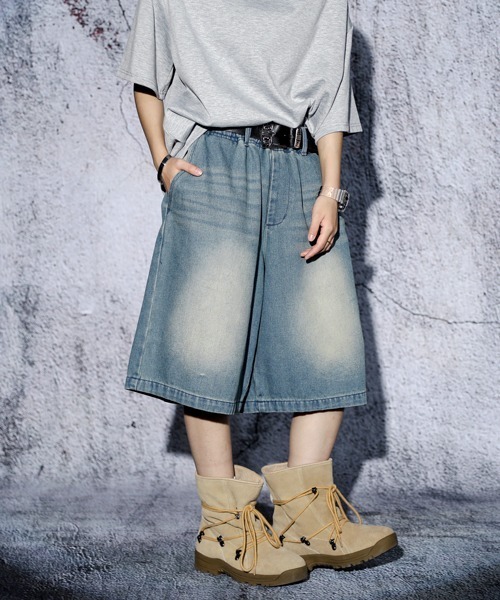 セール】EFFECTION // vintage wash wide denim easy half pants