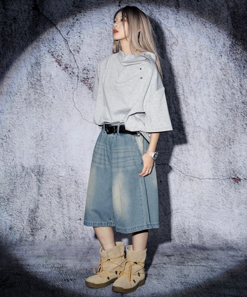 セール】EFFECTION // vintage wash wide denim easy half pants
