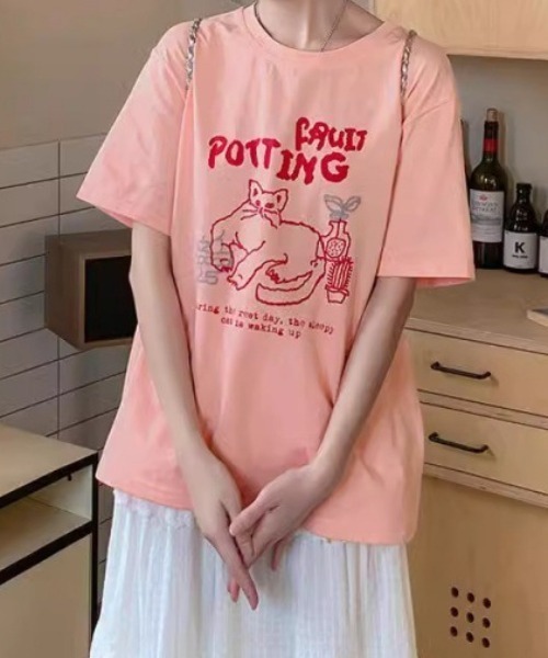 GANNI 猫イラスト Tシャツ ピンク GANNI キャットプリント Tシャツ | ピンク | FARFETCH JP