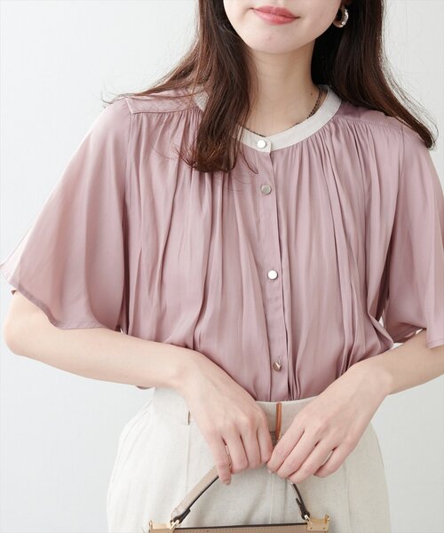 our 新品　袖ギャザー ブラウス セール】とろみサテンフレア袖ギャザーブラウス（シャツ/ブラウス