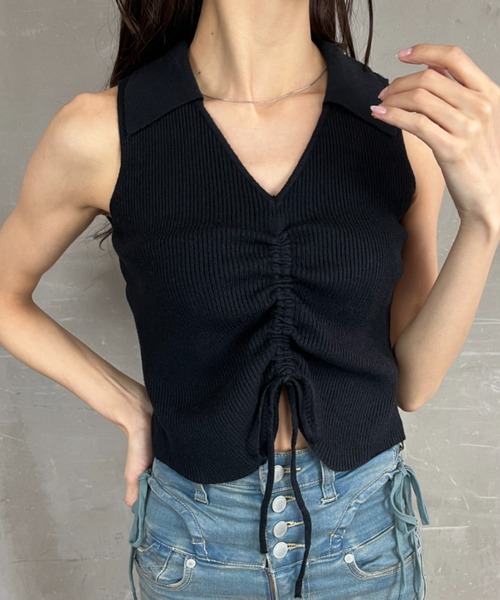tolene(トレネ)の「フロントシャーリングノースリーブポロニット(ニット/セーター・レディース・ブラック/ホワイト/チャコール・FREE)」の13枚目の写真