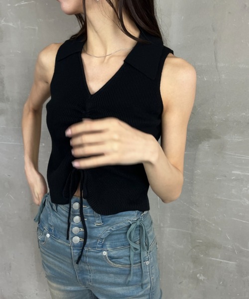 tolene(トレネ)の「フロントシャーリングノースリーブポロニット(ニット/セーター・レディース・ブラック/ホワイト/チャコール・FREE)」の15枚目の写真