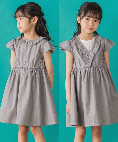 BeBe Petits Pois Vert（ベベプチポワヴェール）の「【店舗限定】【前後着用可能】ダンガリーフリル襟カシュクールワンピース(95~150cm)（ワンピース・キッズ・ネイビー/グレー・140cm/150cm/110cm/100cm/120cm/130cm/95cm）」の7枚目の写真