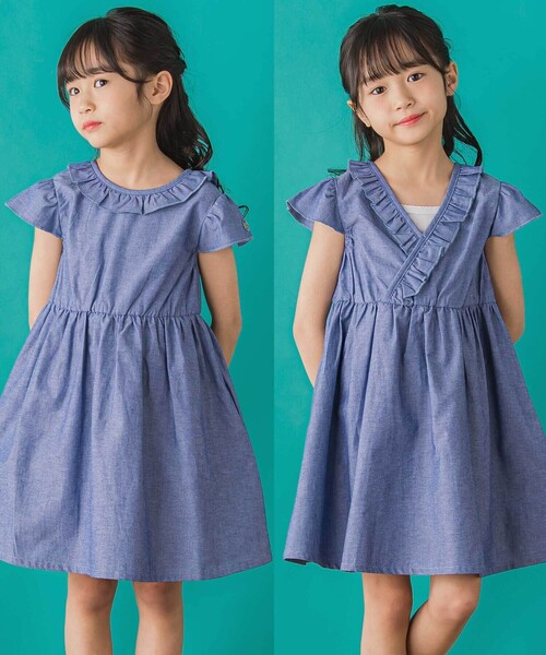 BeBe Petits Pois Vert（ベベプチポワヴェール）の「【店舗限定】【前後着用可能】ダンガリーフリル襟カシュクールワンピース(95~150cm)（ワンピース・キッズ・ネイビー/グレー・140cm/150cm/110cm/100cm/120cm/130cm/95cm）」の12枚目の写真