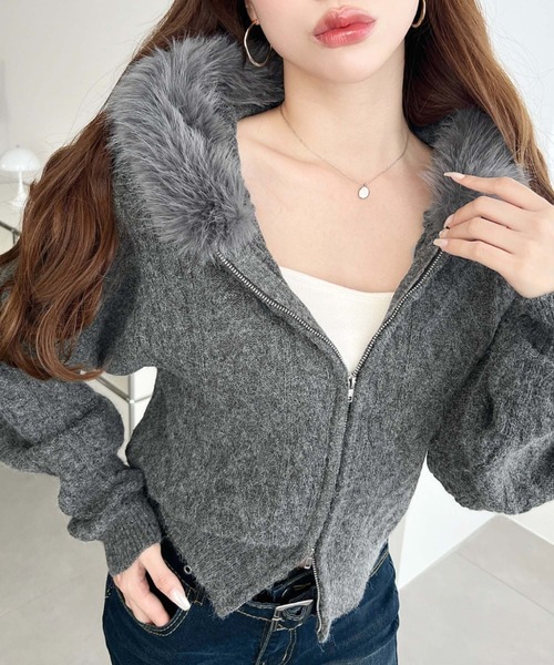 セール】フードファージップアップケーブルニットカーディガン(ジップ