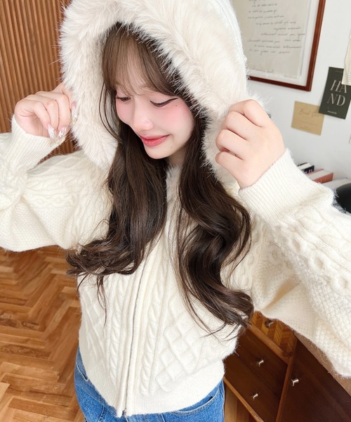 フードファージップアップケーブルニットカーディガン(ジップアップ