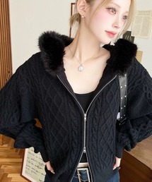 moment+(モーメントプラス)のフードファージップアップケーブルニットカーディガン(ジップアップパーカー ジップアップカーディガン)(パーカー)