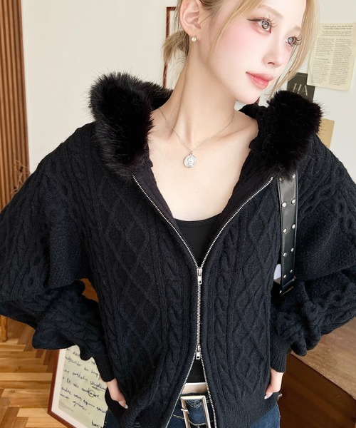フードファージップアップケーブルニットカーディガン(ジップアップ