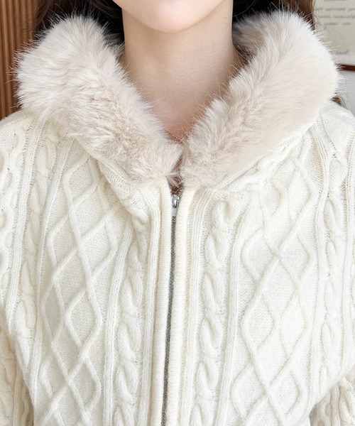 フードファージップアップケーブルニットカーディガン(ジップアップ