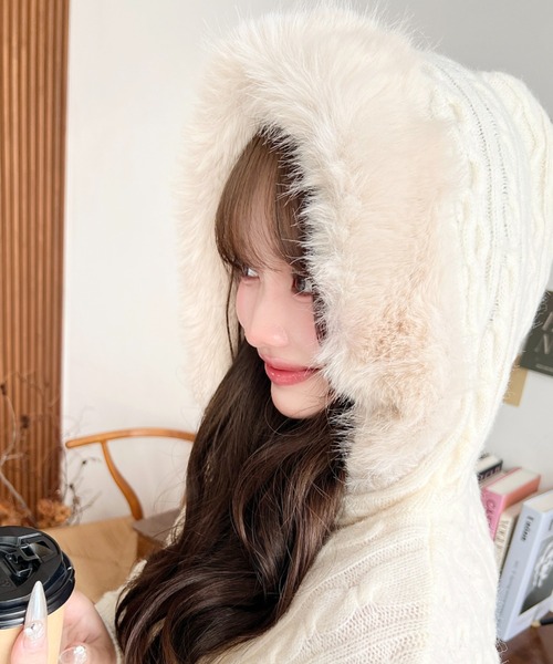 フードファージップアップケーブルニットカーディガン(ジップアップ