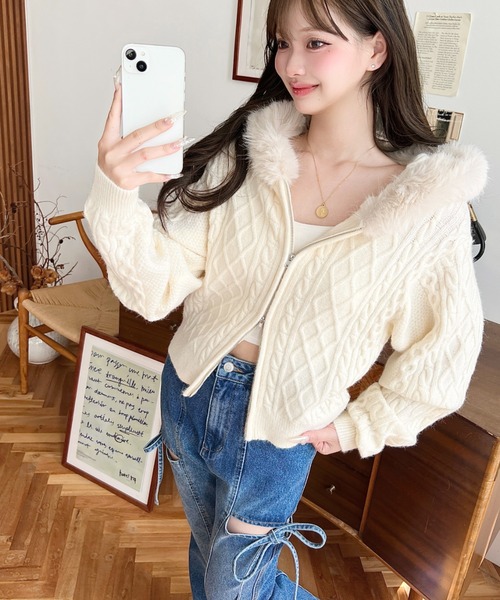 フードファージップアップケーブルニットカーディガン(ジップ