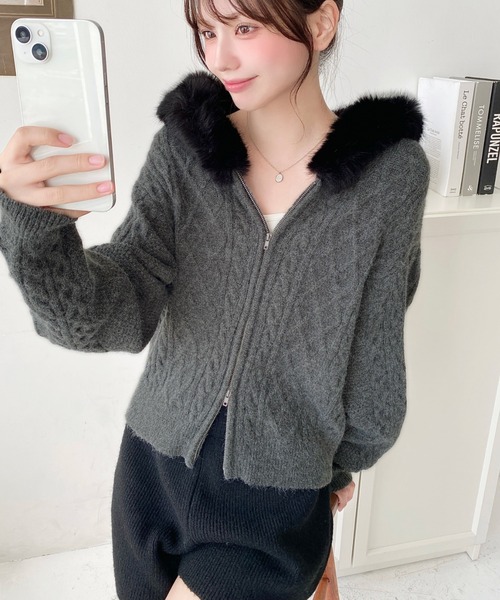 フードファージップアップケーブルニットカーディガン(ジップアップ