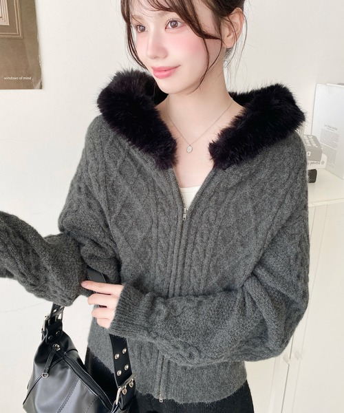 セール】フードファージップアップケーブルニットカーディガン(ジップ