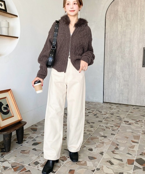 フードファージップアップケーブルニットカーディガン(ジップアップ