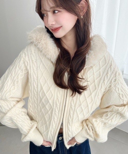 フードファージップアップケーブルニットカーディガン(ジップアップ