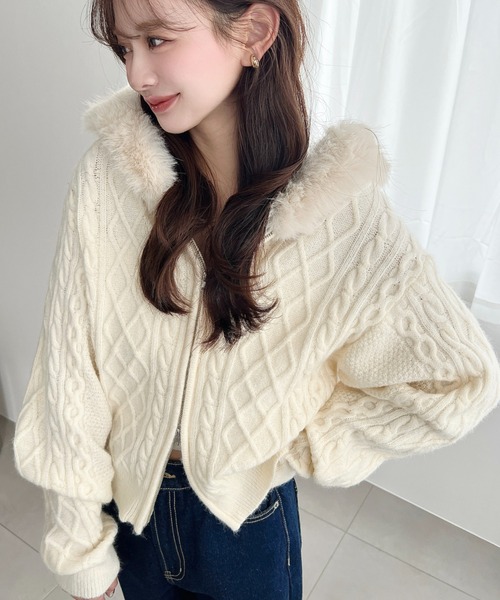 フードファージップアップケーブルニットカーディガン(ジップアップ
