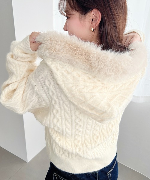フードファージップアップケーブルニットカーディガン(ジップアップ